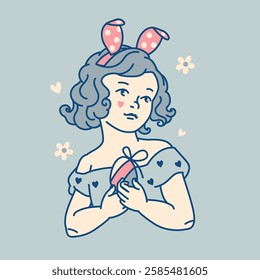 Charming illustration of a funny girl wearing bunny ears, holding a small Easter egg. A coquette and flirty print for spring, Easter-themed designs, feminine, seasonal or playful children's projects