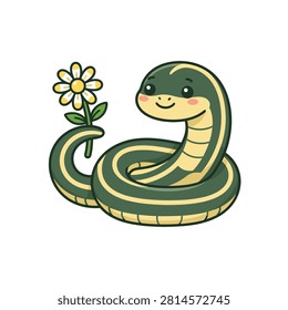 A charming illustration of a garter snake holding a flower.