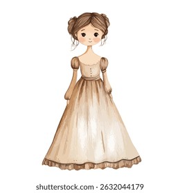 Uma ilustração encantadora de uma menina com um vestido bege claro, com uma vista de comprimento total e características detalhadas. A expressão da menina é doce e inocente, com um sorriso gentil.