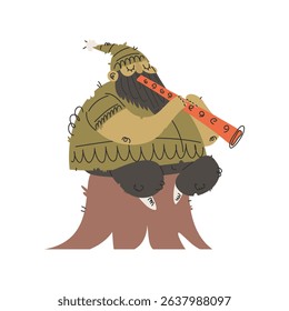 A charming illustration of a gnome playing a flute while sitting on a tree stump. The artwork evokes a sense of magic and serenity, perfect for childrens books.