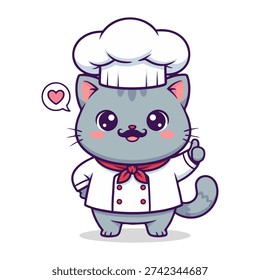 A charming illustration of a gray cat dressed as a chef, complete with a chef's hat, neckerchief, and coat. The cat is depicted with a mustache and a friendly expression.