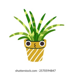 A charming illustration of a green leafy houseplant in a yellow pot with stripes and a face, displayed on a white background. Concept of playful plant design. Vector illustration.