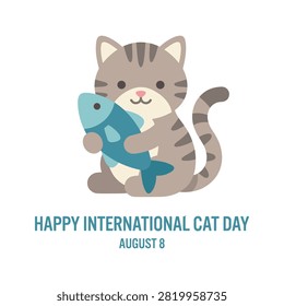 A charming illustration of a grey striped kitten cuddling a large blue fish against a plain white background. Perfect for veterinary clinics, pet shops, or social media holiday content.
