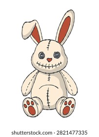 Charming illustration of a handcrafted plush bunny with prominent stitches and button eyes, creating a uniquely whimsical yet subtly eerie textile toy character