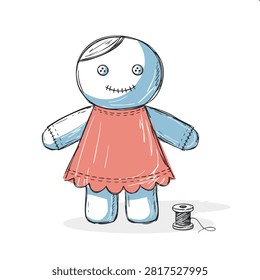 A charming illustration of a handmade rag doll featuring button eyes and a stitched smile wearing a pink dress accompanied by a small spool of thread