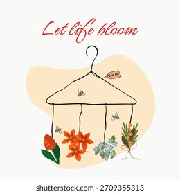 A charming illustration of a macramé-style hanger with strings suspending blooming flowers and buzzing bees. This garden-themed artwork is perfect for eco-friendly branding, spring decorations