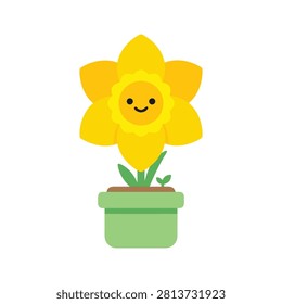 A charming illustration of a happy daffodil with a smiling face, planted in a green pot, on a white background.
