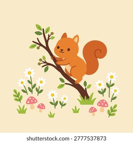 A charming illustration of a happy squirrel in a whimsical forest setting with daisies and toadstools.