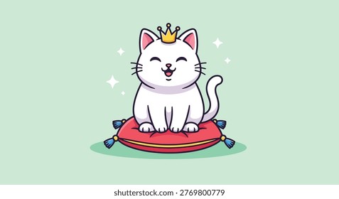 A charming illustration of a happy white cat adorned with a golden crown, resting on a plush red cushion.