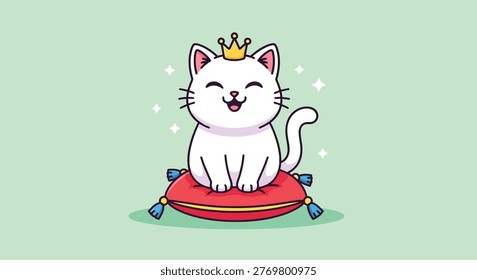A charming illustration of a happy white cat adorned with a golden crown, resting on a plush red cushion.