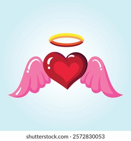 A charming illustration of a heart with pink wings and a golden halo, symbolizing love and devotion.