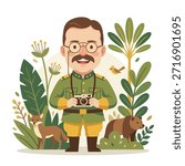 A charming illustration of a historical figure, possibly Theodore Roosevelt, dressed in safari attire, holding a vintage camera amidst lush foliage and diverse wildlife, including a fox, a bear, and a bird.