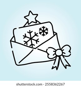 A charming illustration of a holiday greeting card with snowflakes and a star, beautifully presented in an envelope tied with a ribbon bow.