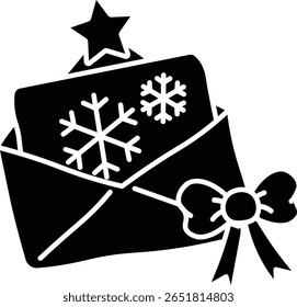 A charming illustration of a holiday greeting card with snowflakes and a star, beautifully presented in an envelope tied with a ribbon bow vector icon solid style.