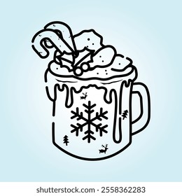 A charming illustration of a hot chocolate mug with festive toppings and designs perfect for the winter holidays.