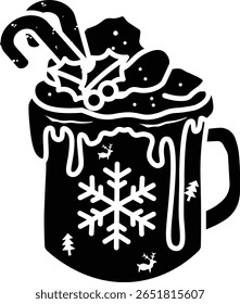 A charming illustration of a hot chocolate mug with festive toppings and designs perfect for the winter holidays vector icon solid style.
