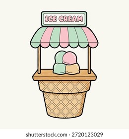A charming illustration of an ice cream stand shaped like a waffle cone, featuring a striped awning and three scoops of ice cream.