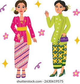 A charming illustration of Indonesian women in traditional kebaya outfits, featuring vibrant colors and cultural patterns. Perfect for educational projects, cultural events, heritage visuals, and fash