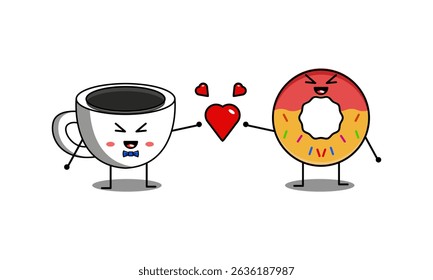 Charming Illustration of a Kawaii Coffee Mug and Sweet Donut Expressing Affection, Ideal for Bakery Advertisements, Morning Routines, and Romantic Food Concepts."