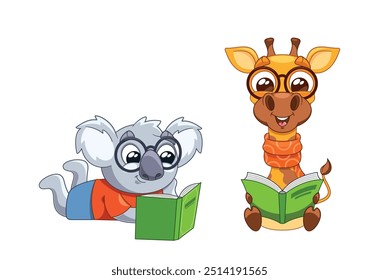 Encantadora Ilustración De Un Koala Y Una Jirafa Leyendo Libros Mientras Usa Gafas. Animales felices disfrutando de la literatura