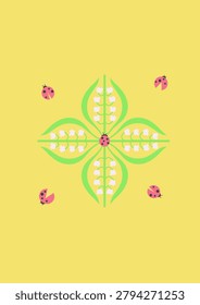 Charming illustration of a ladybug and lily of the valley flowers, featuring a fresh spring mood, delicate white blooms, and a cute natural style perfect for seasonal and botanical designs.
