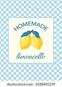 Charming illustration of lemons  with Homemade Limoncello text on soft blue checkered tablecloth pattern. Perfect design for labels, kitchen decor and artisanal beverages. Vector illustration 