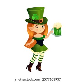 Charming illustration of a leprechaun girl in a green hat and festive outfit, winking playfully while holding a frothy mug of green beer. Perfect for St. Patrick's Day themes, Irish celebrations