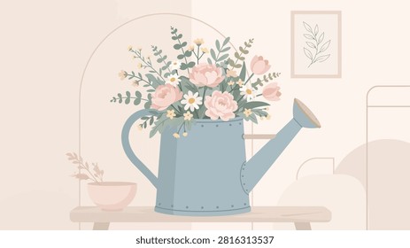 A charming illustration of a light blue watering can overflowing with a beautiful bouquet of pink peonies, white daisies, and lush greenery, set on a wooden surface in a soft, pastel-toned room with minimalist decor.