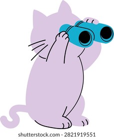 A charming illustration of a light purple cat holding and looking through a pair of bright blue binoculars, showcasing curiosity and observation.