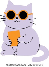 A charming illustration of a light purple cat with round orange sunglasses, sitting upright and holding an orange book, exuding a studious yet cool vibe.