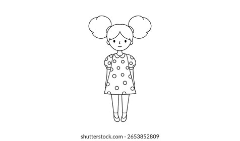 A charming illustration of a little girl with playful pigtails wearing a polka dot dress standing with her hands clasped in front of her body
