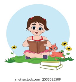 A charming illustration of a little girl sitting on grass while reading a book, accompanied by a cute orange cat.