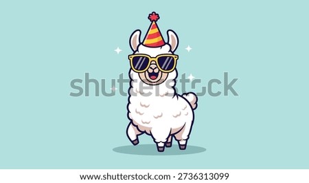 A charming illustration of a llama wearing cool sunglasses and a festive party hat, perfect for celebrations.
