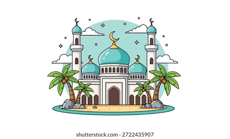 Eine charmante Illustration einer Moschee mit einem Halbmond auf ihrer Kuppel, flankiert von Palmen unter einem wolkenverhangenen Himmel.