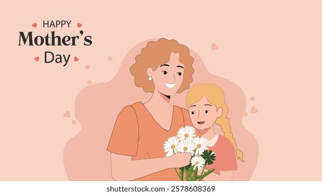 Charming illustration for Mother's Day showing a mother and daughter embracing while holding a bouquet of daisies, symbolizing love, warmth, and the cherished bond between them