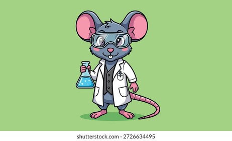 Una encantadora ilustración de un ratón vestido como un científico, con una bata de laboratorio y gafas, sosteniendo un vaso de precipitados.