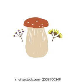 Charming illustration of a mushroom with delicate wildflowers. A whimsical and nature-inspired design for cottagecore, rustic decor, and botanical art. A touch of natural beauty to creative projects. 