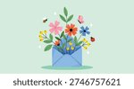 A charming illustration of an open envelope overflowing with colorful spring flowers, accompanied by a bee, butterfly, and ladybug.