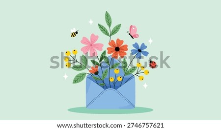A charming illustration of an open envelope overflowing with colorful spring flowers, accompanied by a bee, butterfly, and ladybug.