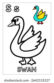 A charming illustration perfect for children's learning, featuring both a black-and-white outline of a swan for coloring activities and a vibrant, colorful swan for visual reference.