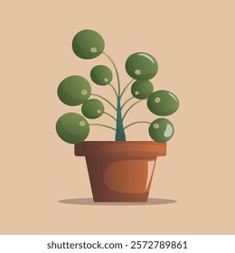 A charming illustration of a Pilea peperomioides plant, also known as the Chinese money plant, in a decorative pot. Perfect for botanical designs, interior decor themes, and nature-inspired projects.