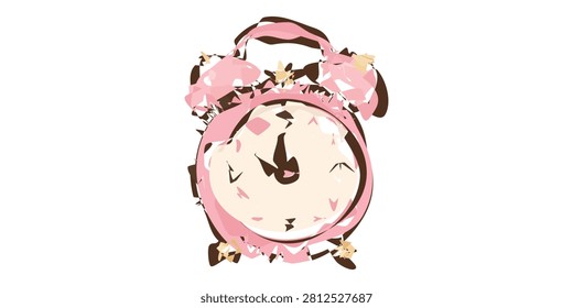 A charming illustration of a pink alarm clock with a classic design, featuring dark hands and a light face, set against a clean white background.