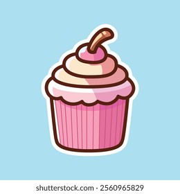 A charming illustration of a pink cupcake with a cherry and cream topping. The cupcake has a striped wrapper and a scalloped edge, set against a light blue background