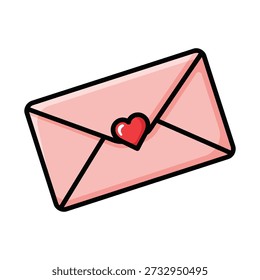 Uma ilustração encantadora de um envelope rosa selado com um coração vermelho, perfeito para temas românticos.