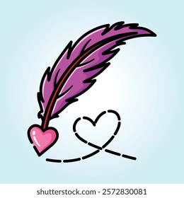 A charming illustration of a pink feather quill pen writing a heart-shaped message, symbolizing love and affection.