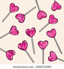 A charming illustration of pink heart-shaped lollipops, featuring a glossy and playful aesthetic. Perfect for romantic-themed projects, confectionery branding, and greeting cards.