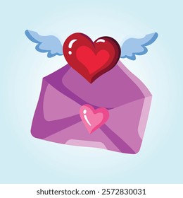 A charming illustration of a pink love letter with a winged heart. Perfect for Valentine's Day.