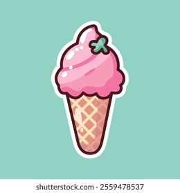 Charming illustration of a pink strawberry ice cream cone with a green leaf detail on a pastel mint background. Perfect for sweet and cheerful designs.