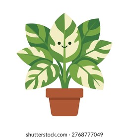 A charming illustration of a potted plant featuring distinctive variegated leaves and a happy face, rendered in a flat, modern style.