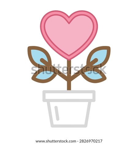 A charming illustration of a potted plant featuring a pink heart-shaped bloom and blue leaves, symbolizing love, growth, and affection in a simple design.